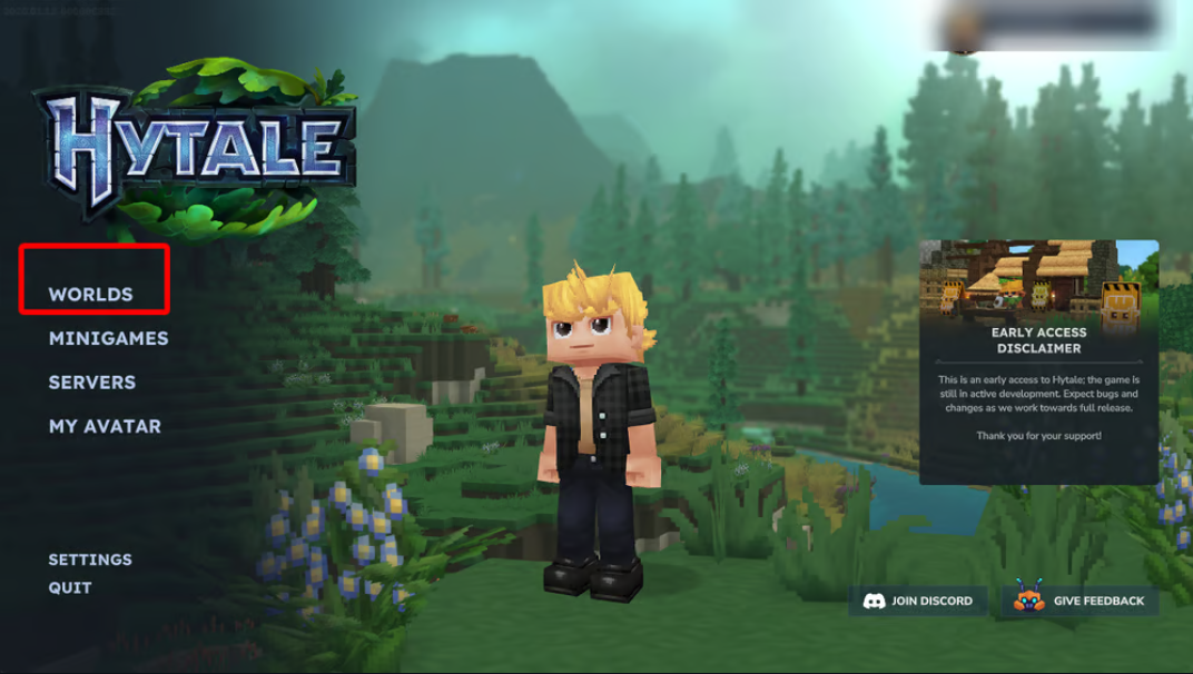 Hytale main menu with the “Worlds” tab highlighted.