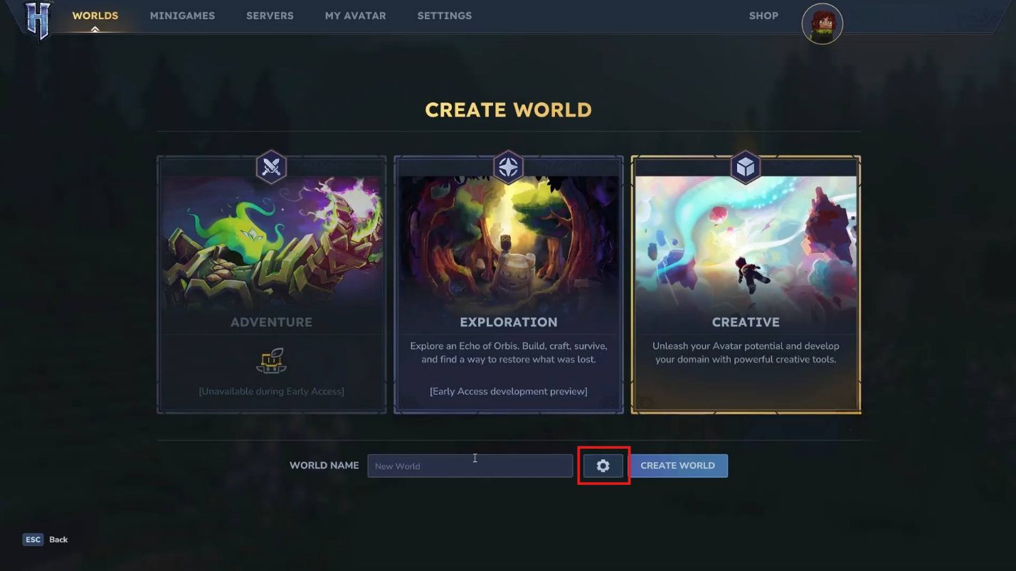 Hytale create world screen with the settings gear icon highlighted.