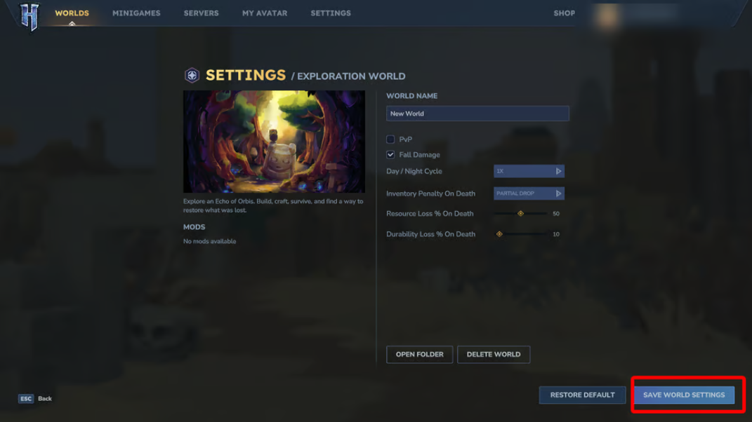 Hytale world settings screen with “Save World Settings” highlighted.