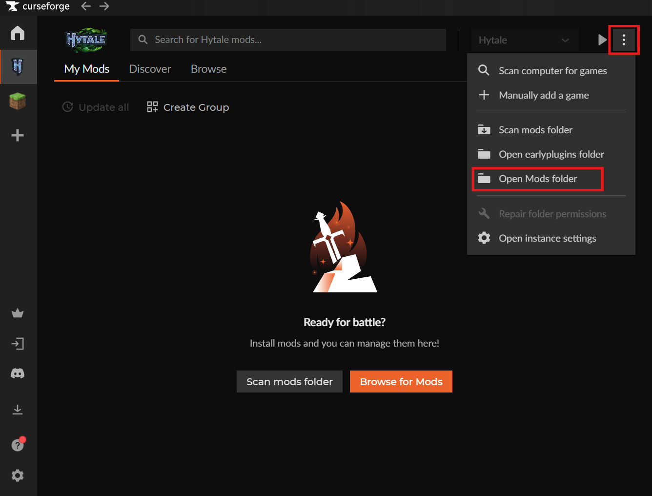 CurseForge Hytale tab menu with “Open Mods folder” highlighted.