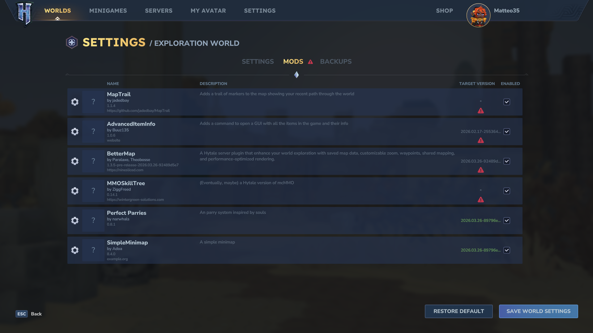A screenshot of the Hytale "Mods" settings menu for an "Exploration World," displaying a list of installed modifications like MapTrail and BetterMap with their respective version details and status indicators.