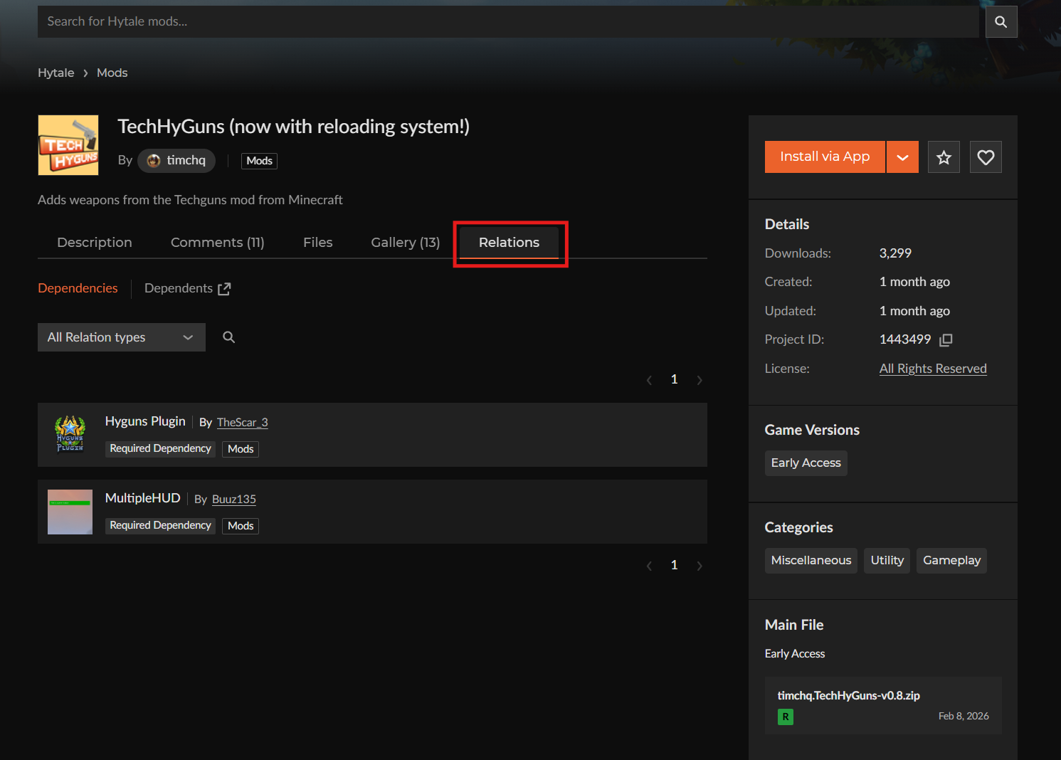CurseForge Hytale mod page showing the “Relations” tab with required dependencies listed.