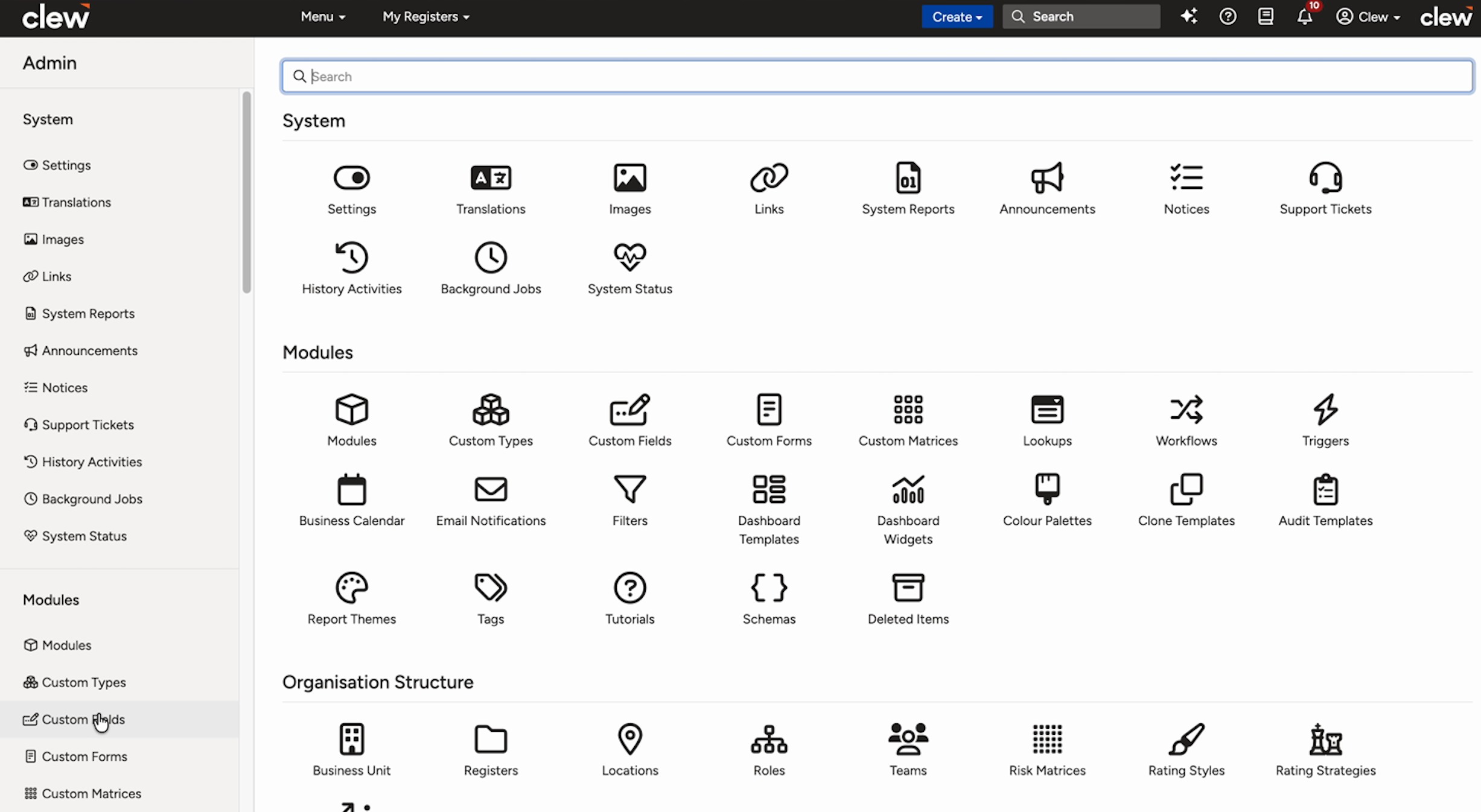 The Clew Admin home page showing the Modules tiles, with the Custom Fields tile highlighted.