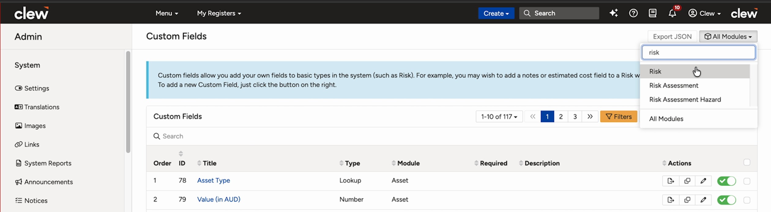 The Custom Fields list filtered to the Risk module, showing the Type column with Lookup fields.