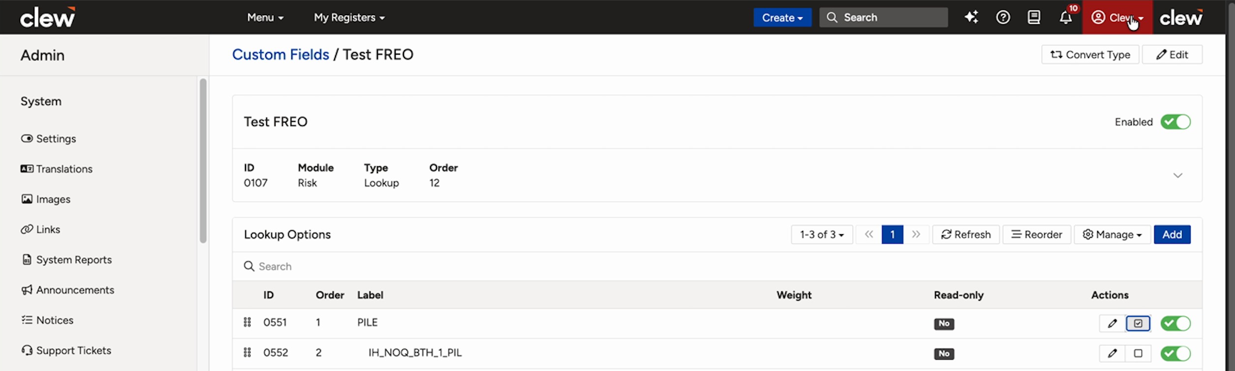 A lookup option marked Selected by Default with a green Successfully updated Lookup Option confirmation message.