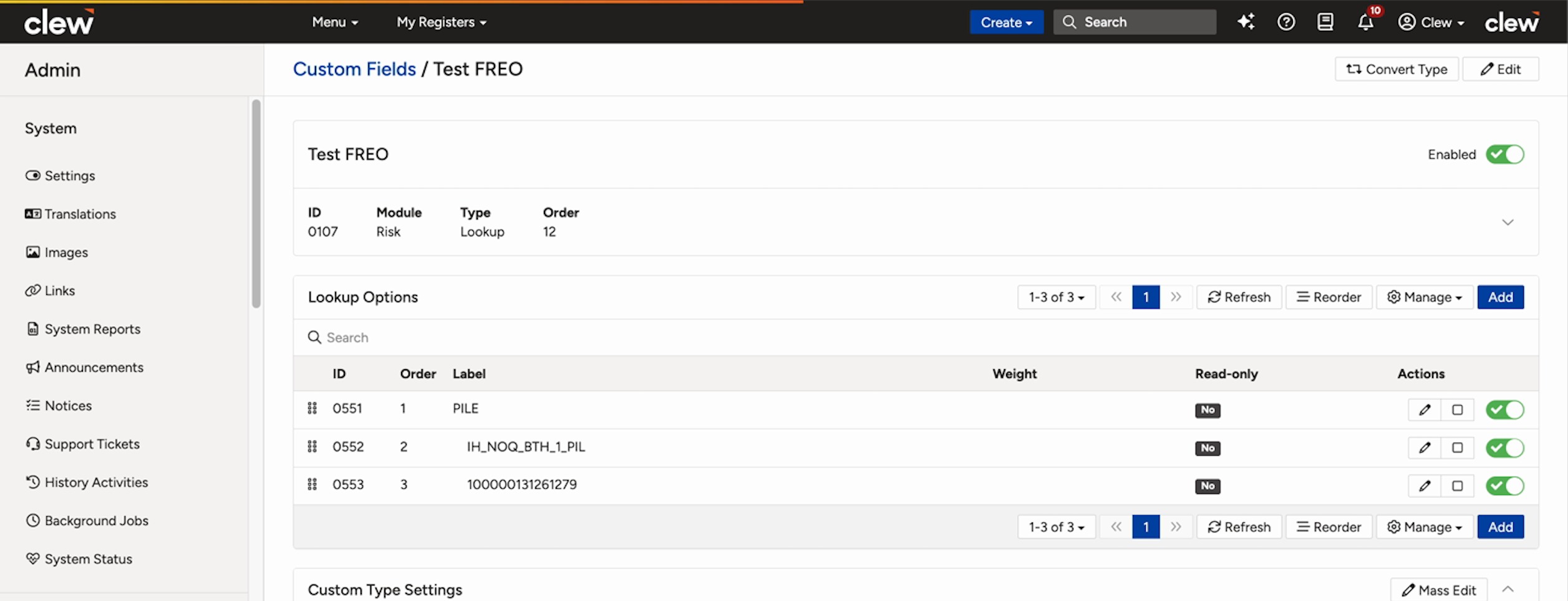 The Lookup Options table on a lookup field's detail page, showing options and the Actions column.