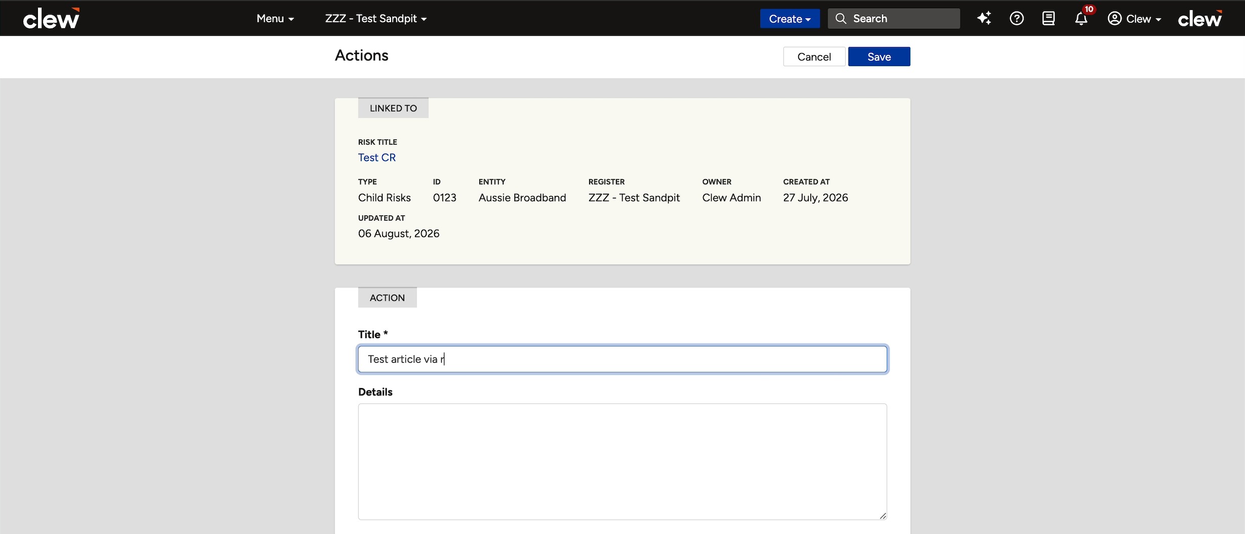 The Create Action form showing Title, Details, Status and Progress.