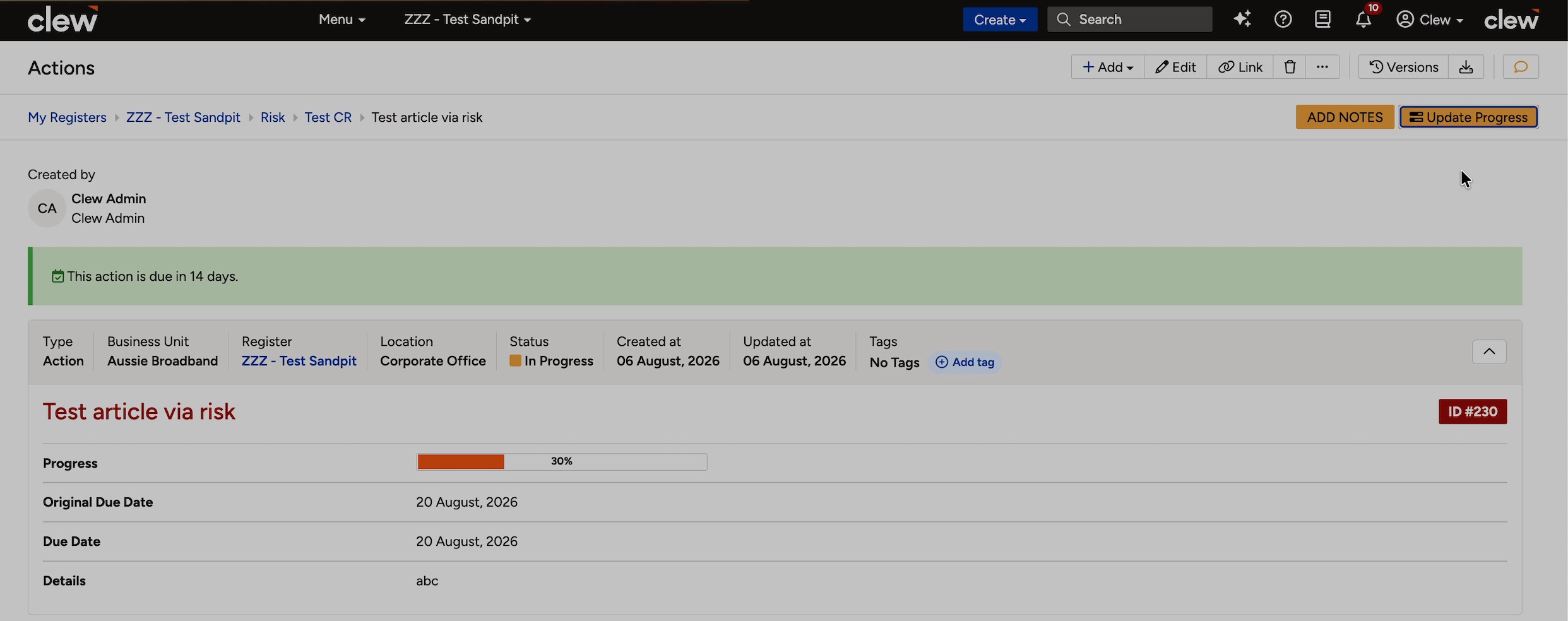The action showing the Update Progress and Add Notes buttons.