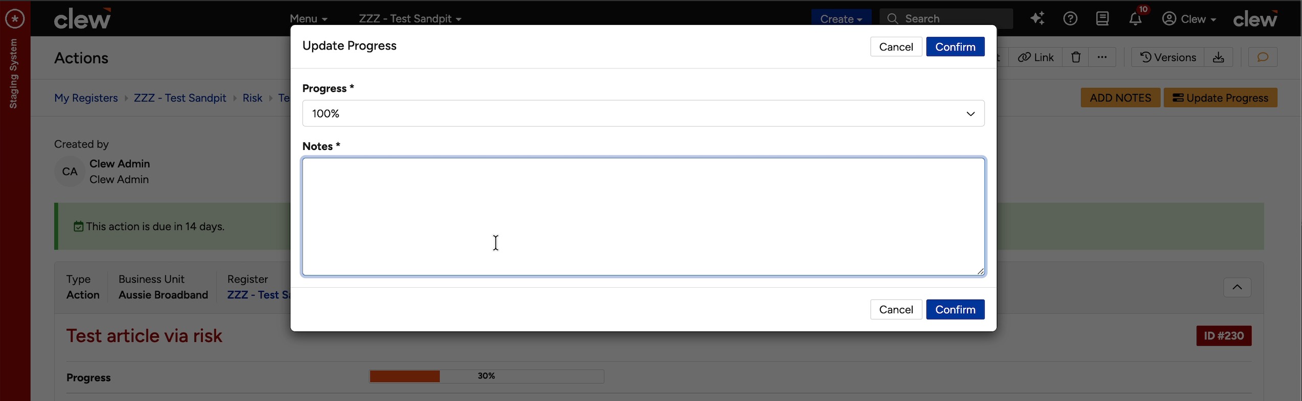 The Update Progress window, where you set the progress and add a note.