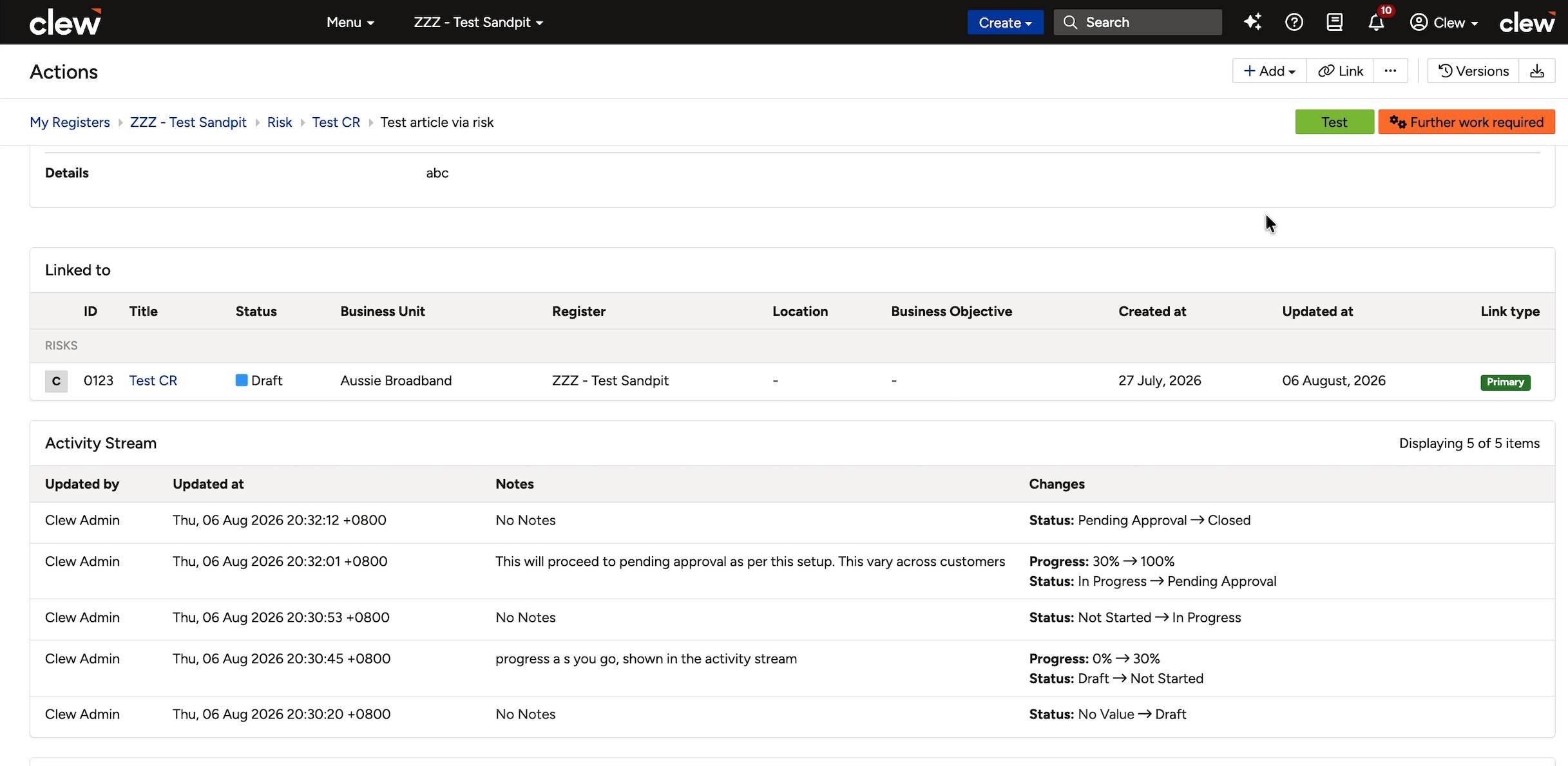 The Activity Stream listing each progress and status change.