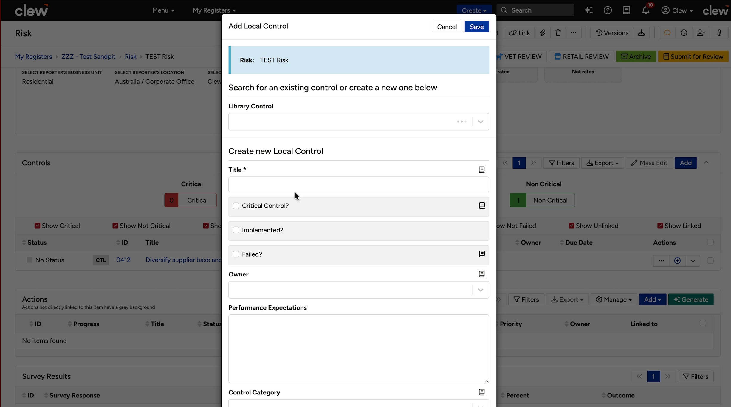 The Add Local Control panel, with Library Control and the Create new Local Control fields.