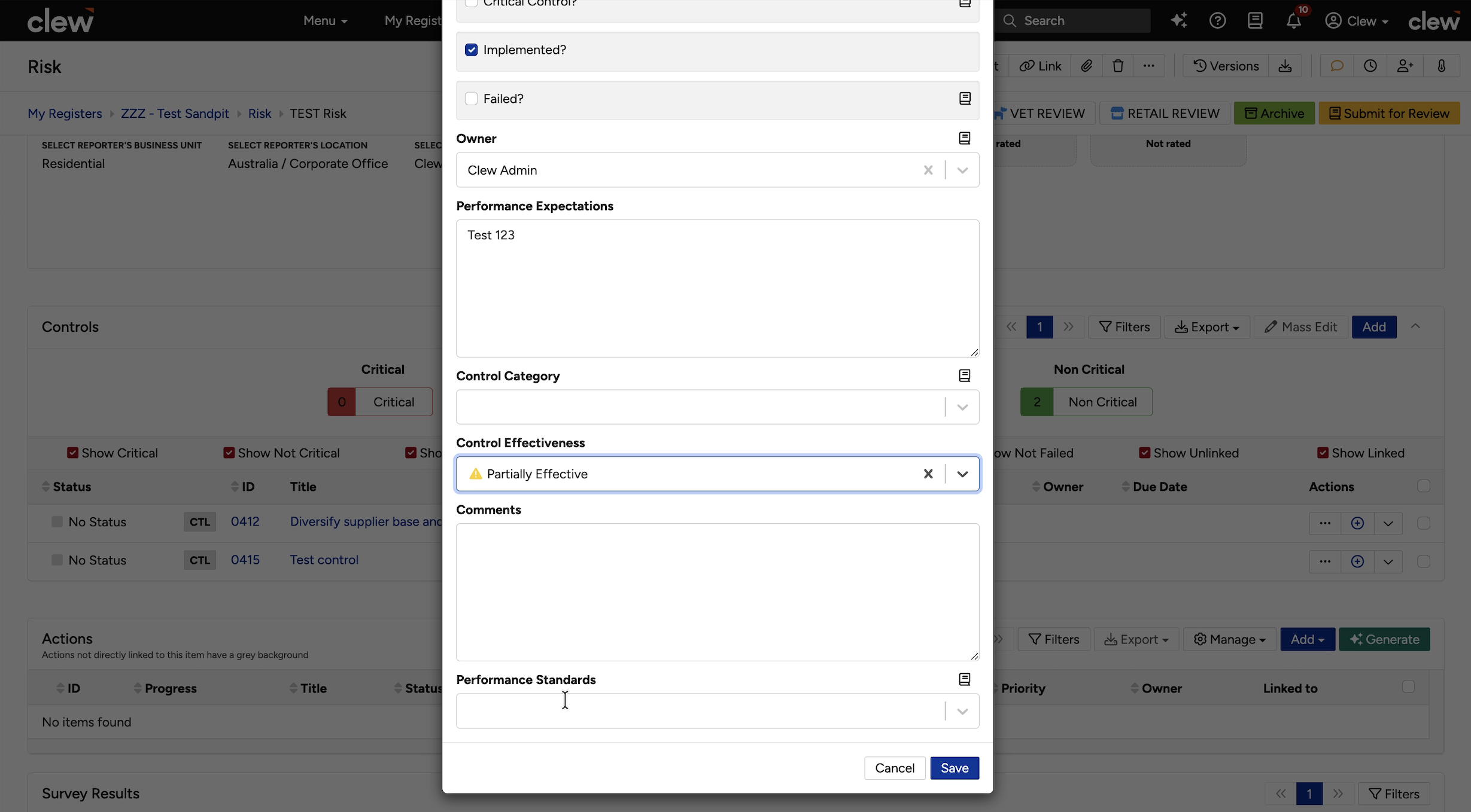 The Control Category and Control Effectiveness fields on the control.
