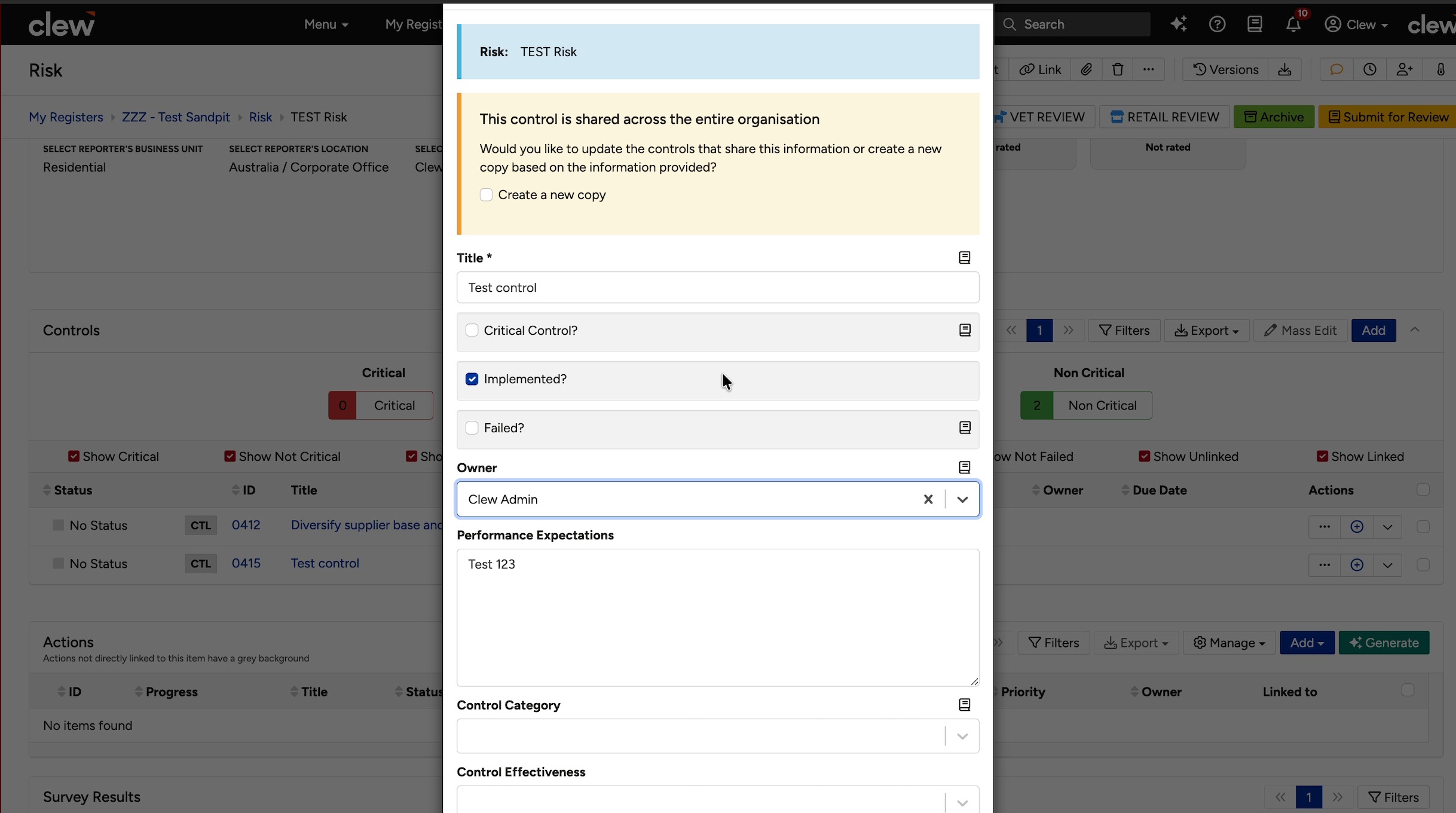 The shared-control prompt, offering to update everywhere or create a new copy.