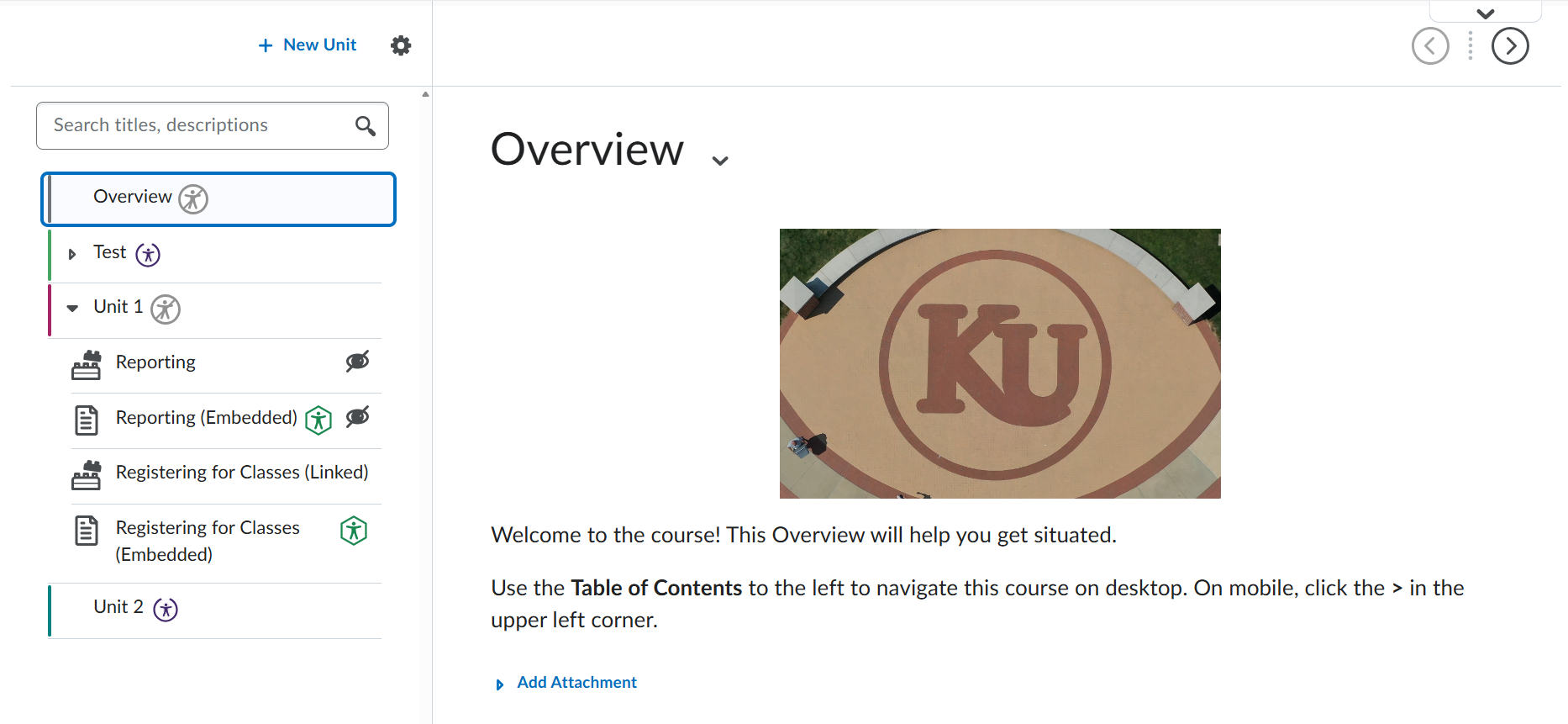 The Table of Contents in the New Content Experience. The top features a New Unit button. Below that is a search bar. Below that is the table of contents for the course, which is expandable and collapsible to show all content. 