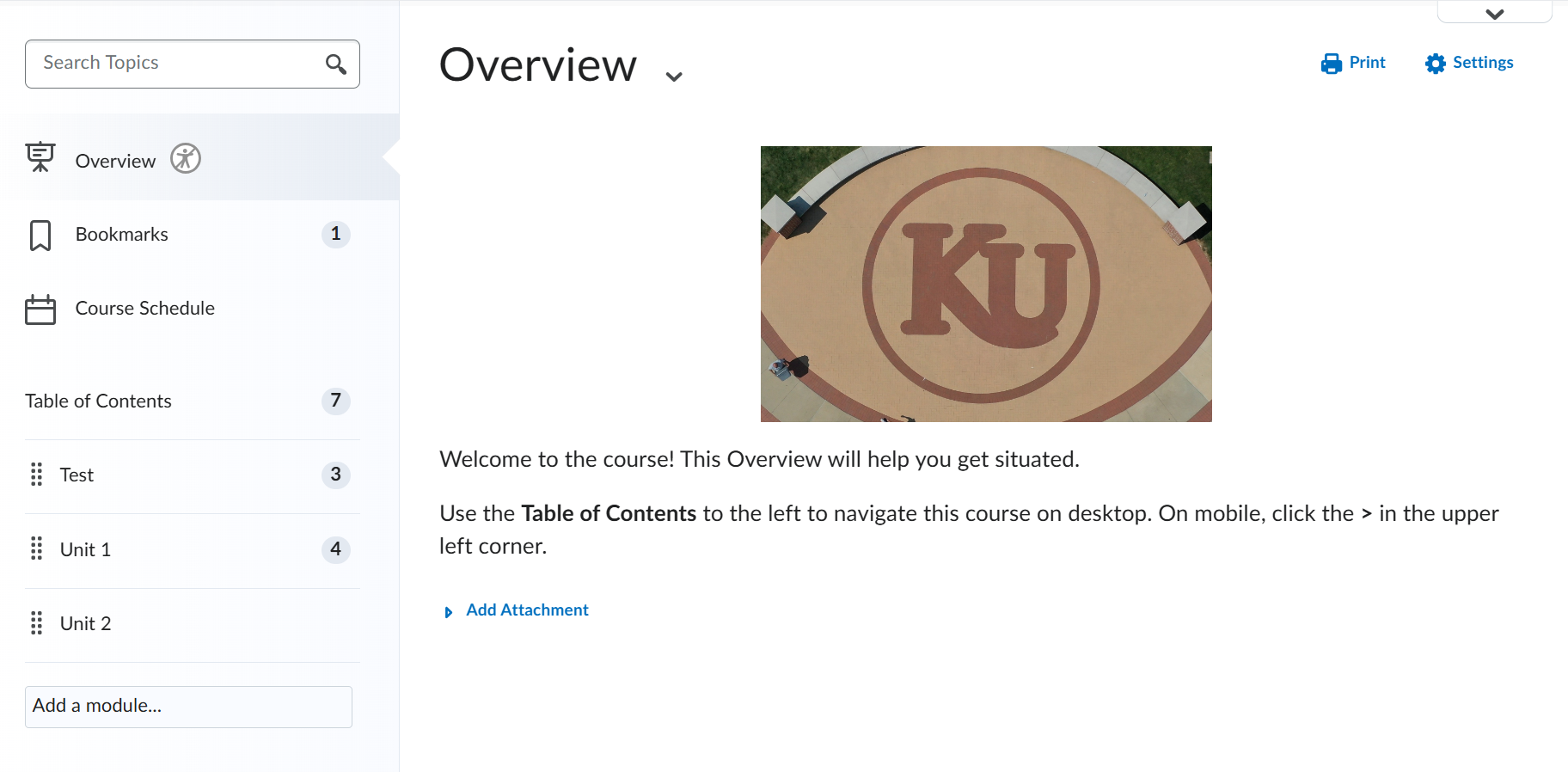 The Table of Contents in the Classic Content Experience. The top features a search bar. Below that are links to the Course Overview, Bookmarks, and Course Schedule. Below that is the table of contents for the course, which only shows top-level modules. 