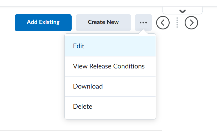 The advanced menu for a Unit in the New Content Experience. Options are present to Edit, View Release Conditions, Download, or Delete the Unit. 