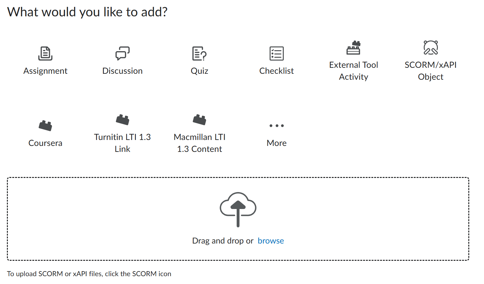 The new visual selector for adding content (Add Existing). A grid of icons is displayed at the top, offering instructors the ability to insert existing assignments, discussions, quizzes, and external tool activities. The bottom features a dashed box for dragging and dropping files to upload. 