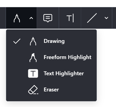 The Tool Selector in the D2L Annotations editor. The first icon is a marker, which opens a dropdown offering tools for drawing, highlighting, and erasing annotations. Following the marker icon is a speech bubble to add comments, a T icon to add text, and a Line icon to add lines and shapes.