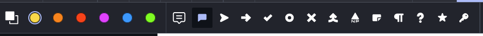 The note tool formatting toolbar. The left is a series of colored circles to control the color of the note. The right contains various shapes to control the icon associated with the note.