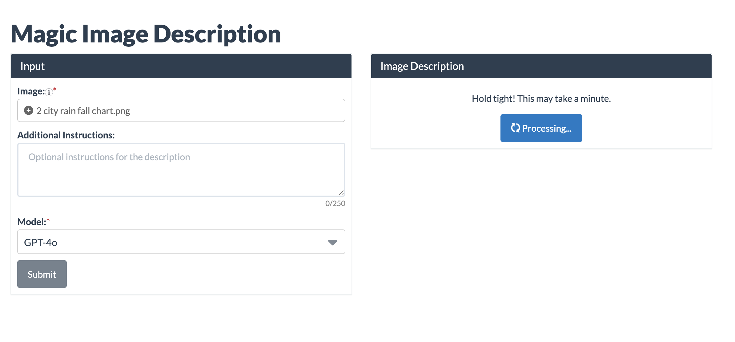 Close-up of the Alt text field and AI generate button showing the alt text generation is processing.