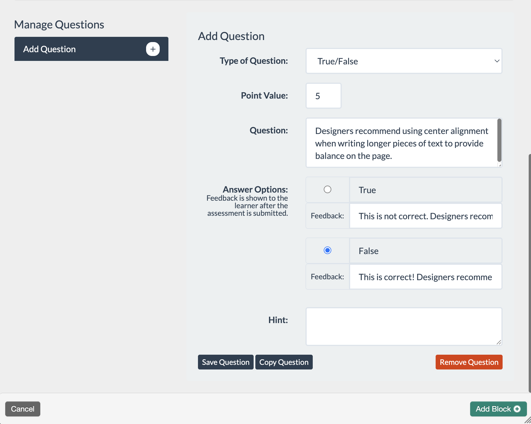 screenshot of the true false question form