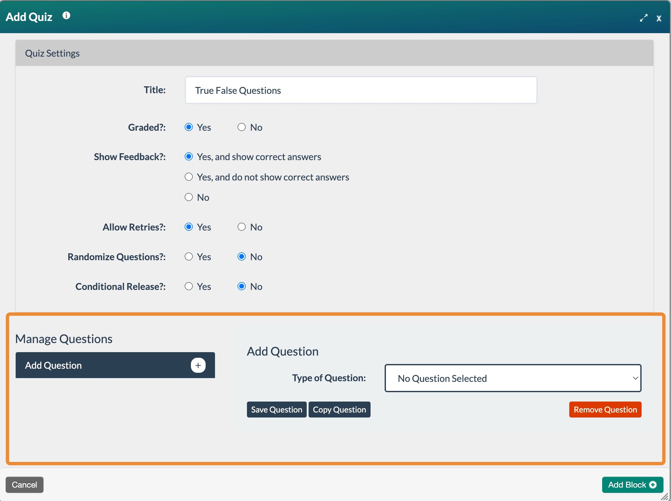 screenshot of the quiz block form with the manage questions area highlighted.