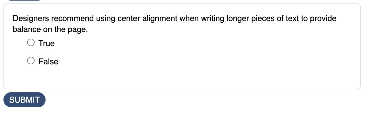 Screenshot of a True False question published