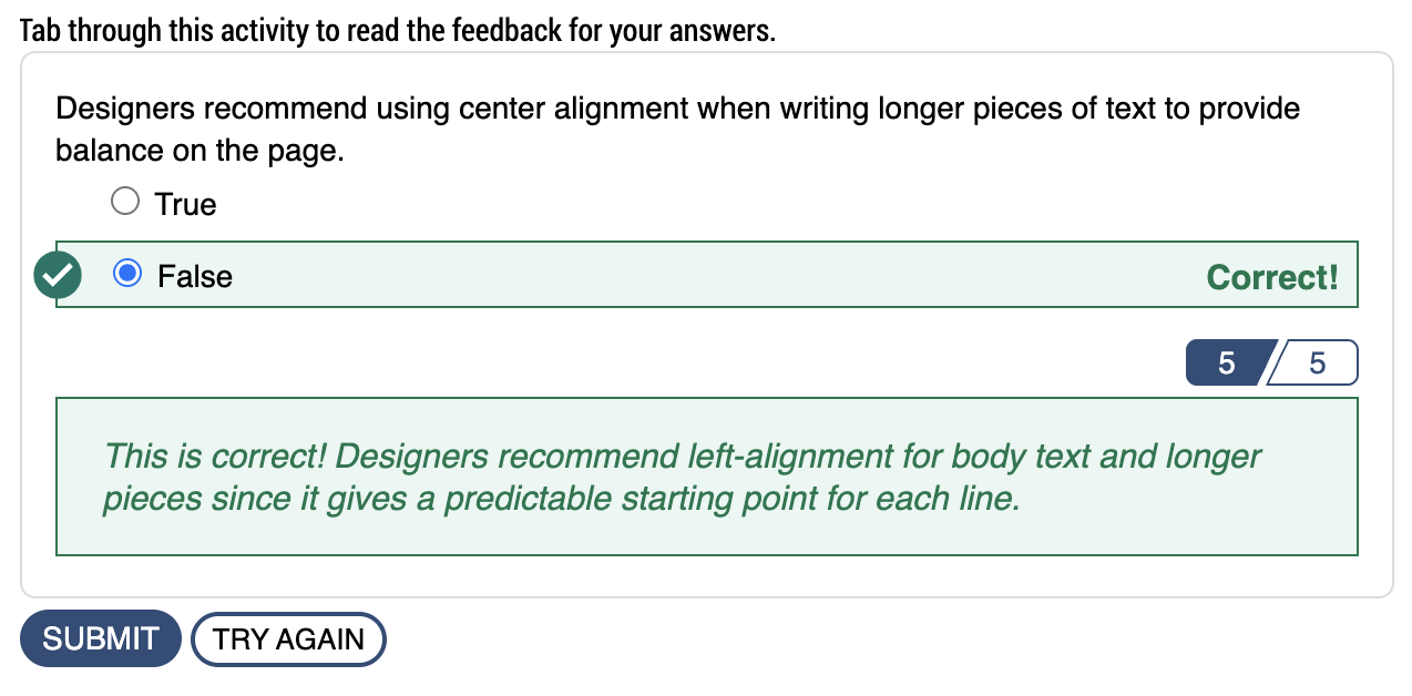 screenshot of correct answer and custom feedback