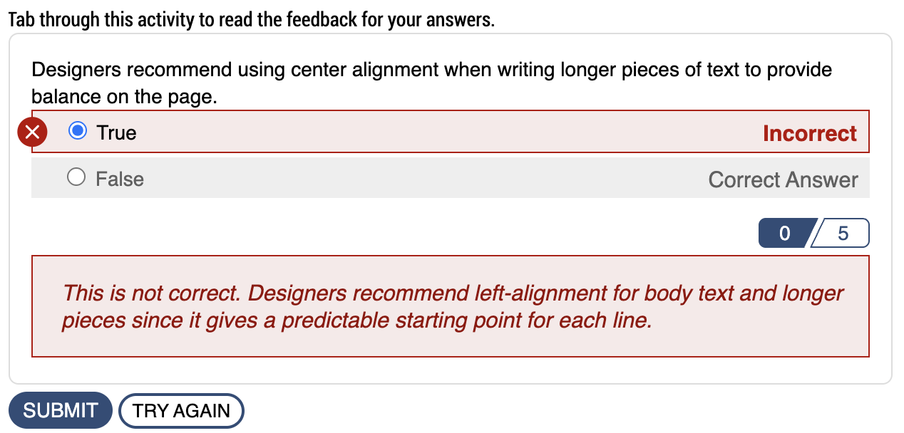 screenshot of incorrect answer and custom feedback