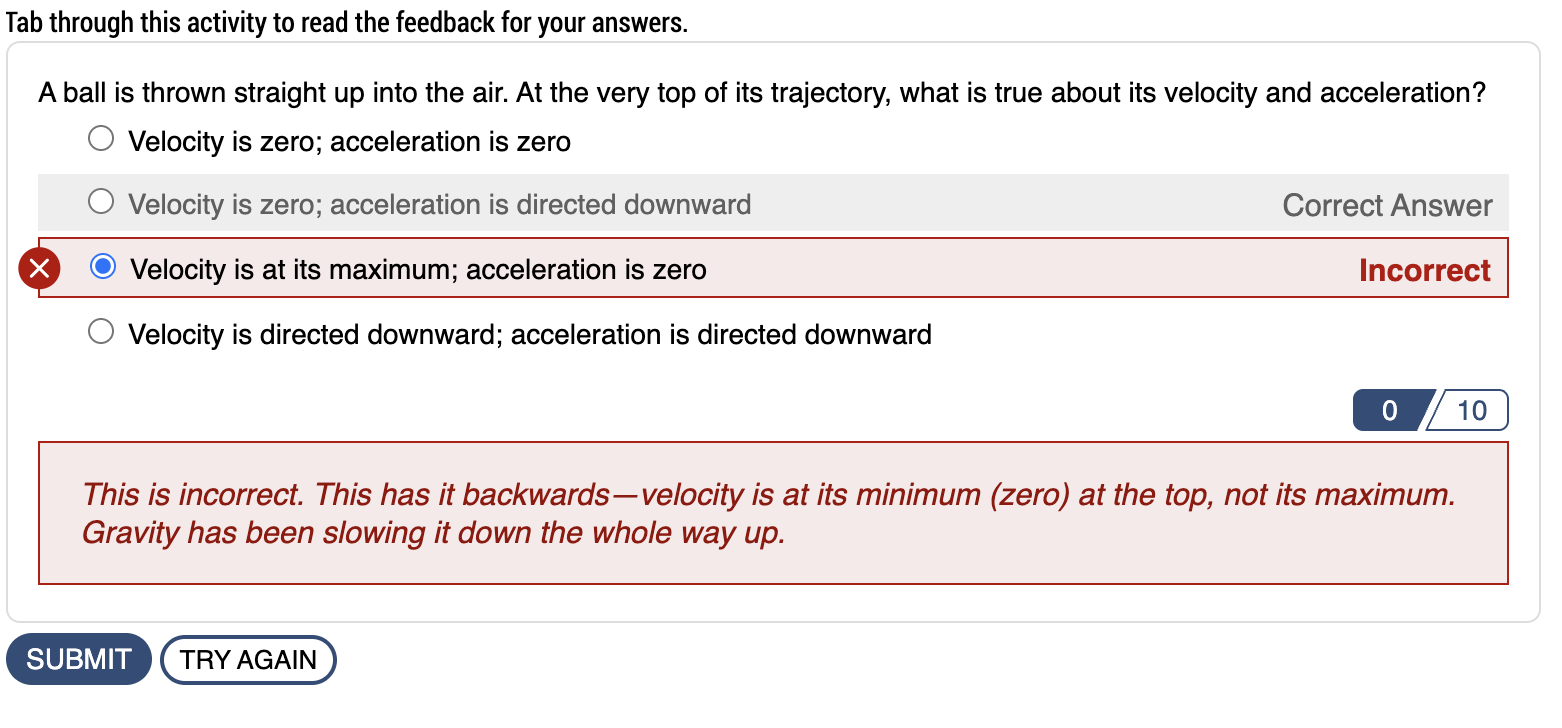 screenshot of incorrect answer and custom feedback