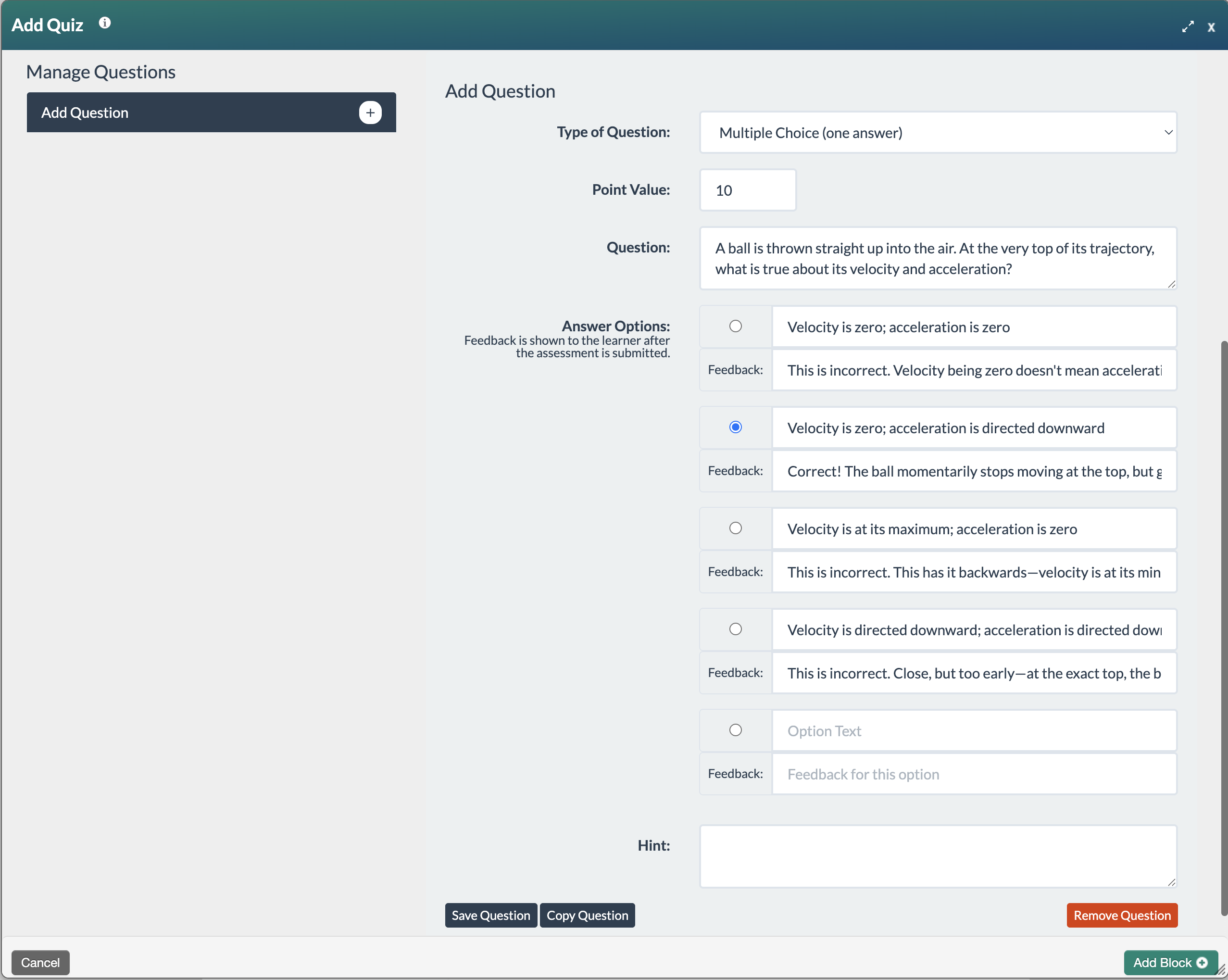 screenshot of the multiple choice question form