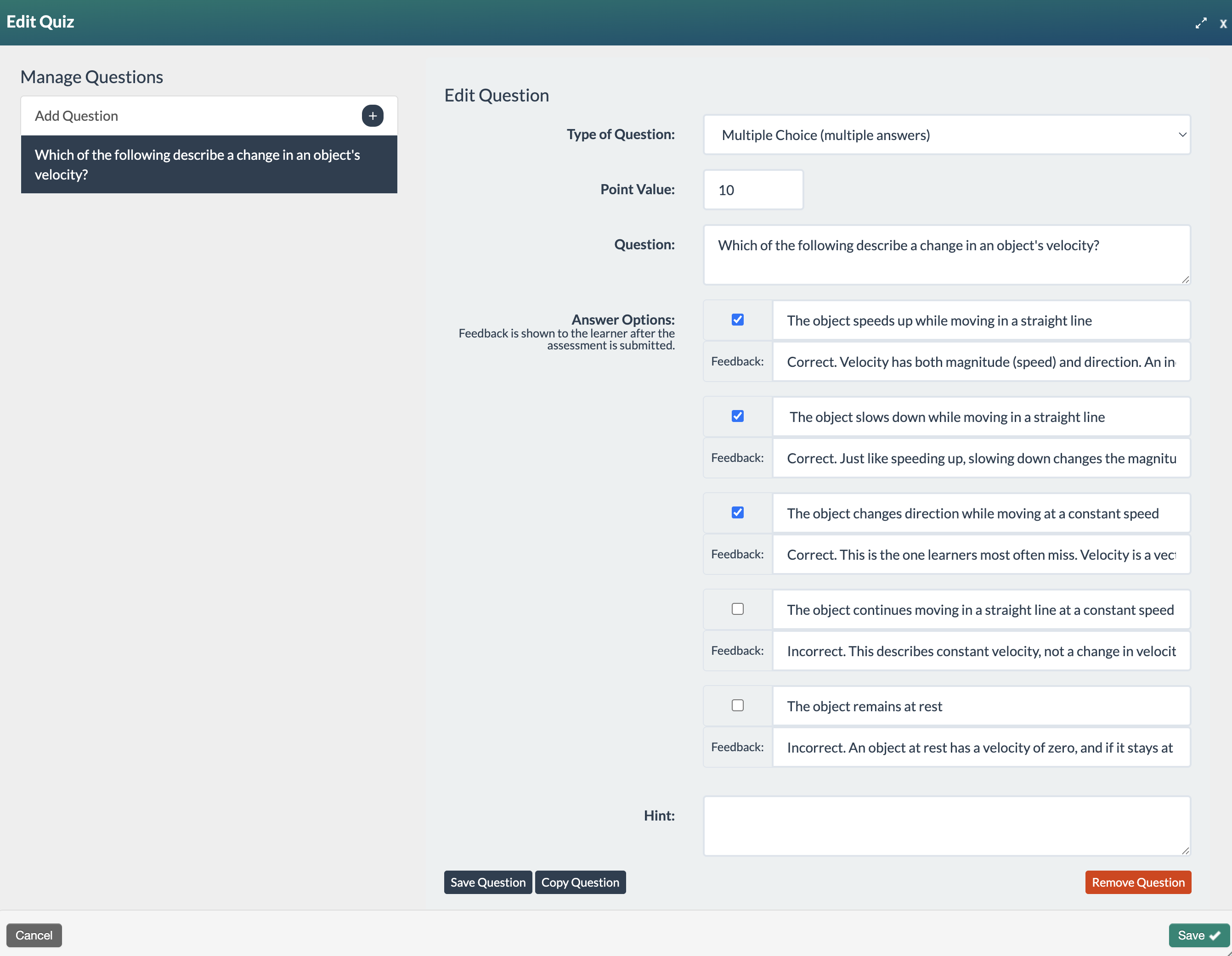 screenshot of a multiple choice question with multiple answers completed form