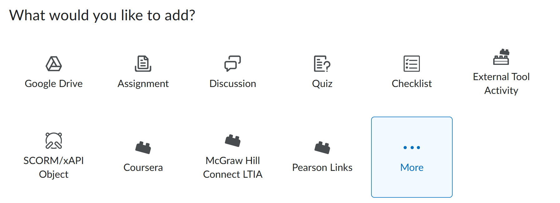 A screenshot of the icons menu presented when an instructor clicks Add Existing under a lesson in Content. A grid of icons presents options to add Assignments, discussions, and External Tool Activities, among others. At the very end of the list is an option for More, which is highlighted.
