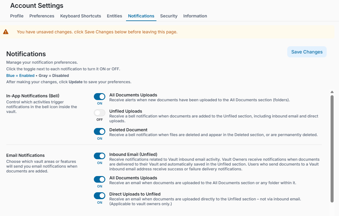 Visual cues and instructions when managing email and in-app notification preferences.