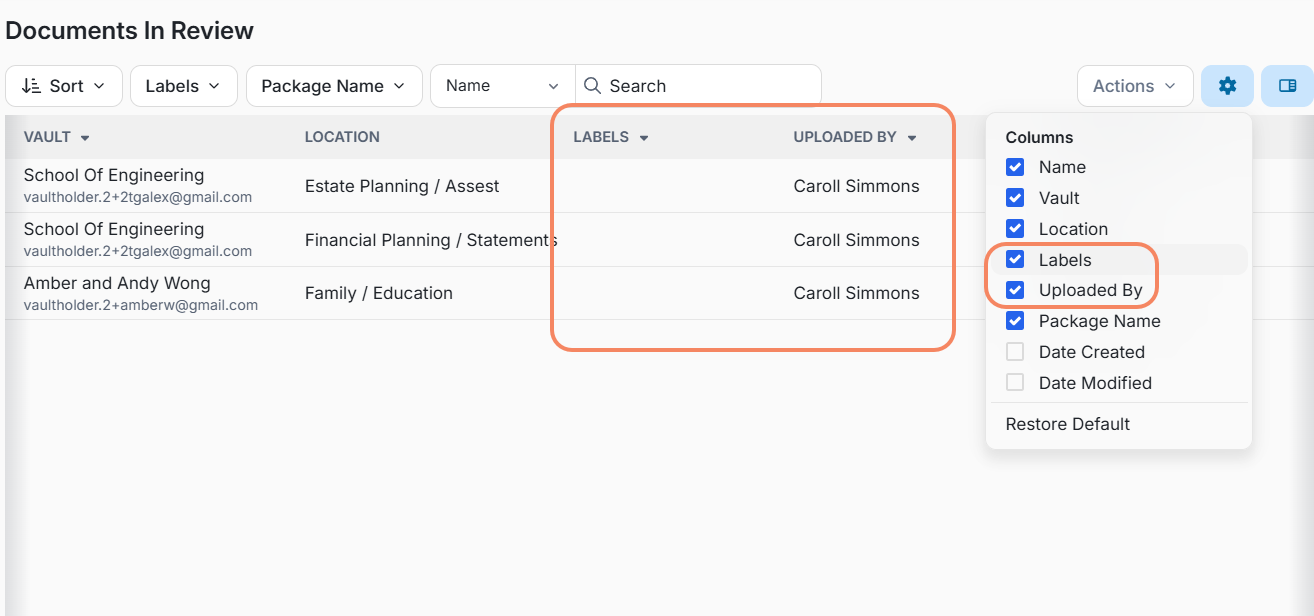 Two additional columns are now available in the Documents In Review table: Labels and Uploaded By