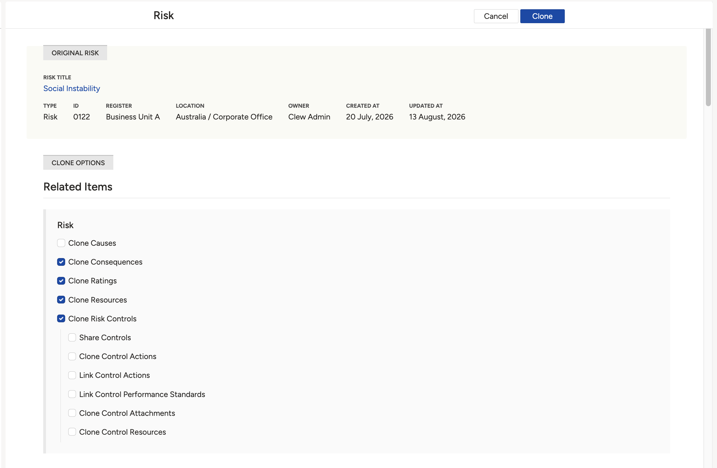 The related items section of the clone form, with optional items unselected by default marked by an orange icon.