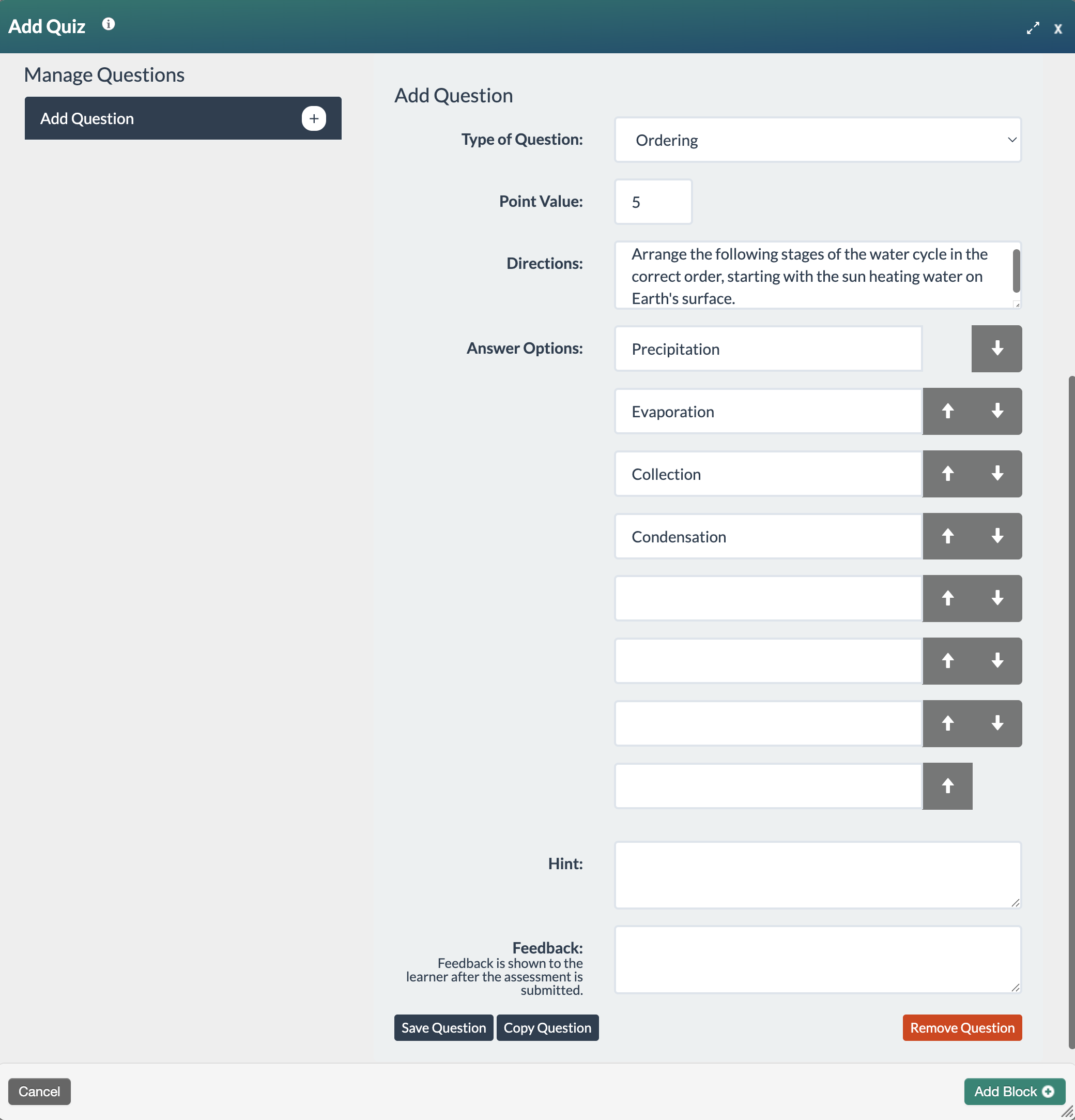 screenshot of the ordering question form