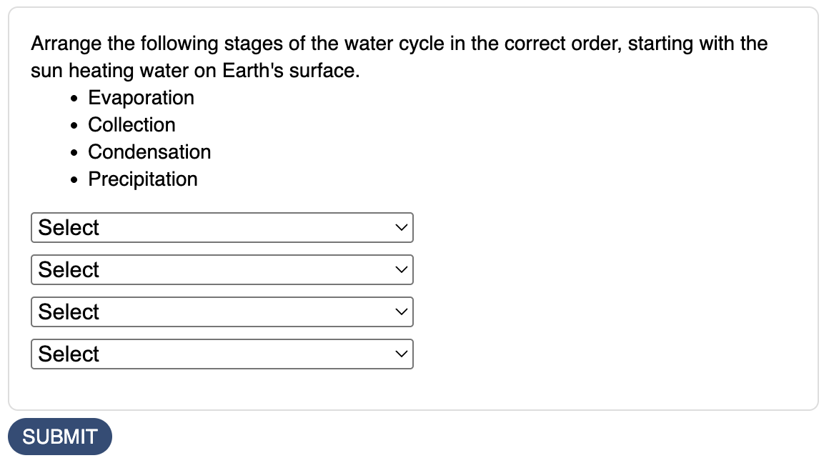 Screenshot of an ordering question published