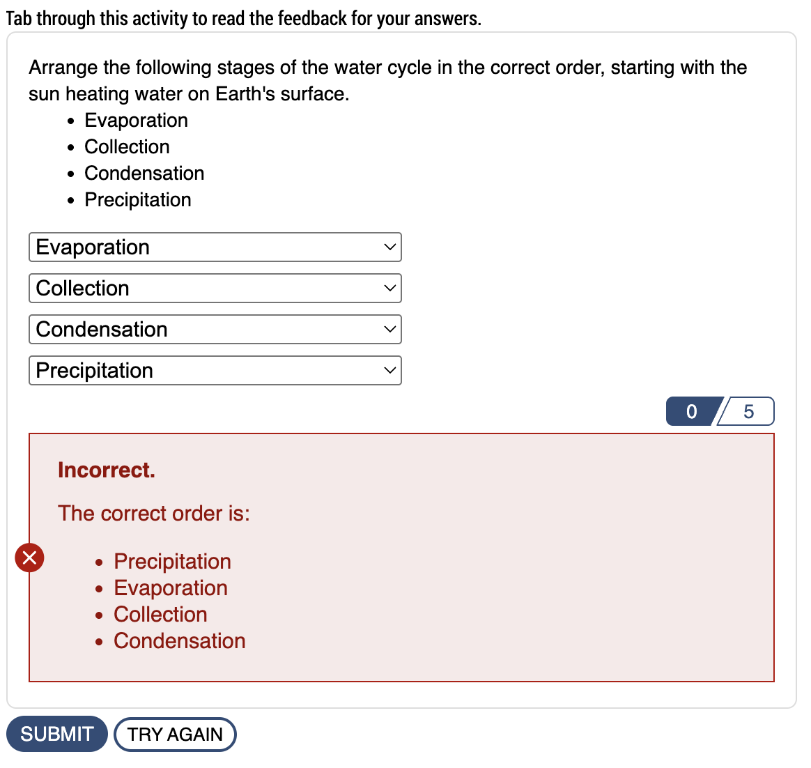 screenshot of incorrect answer and custom feedback