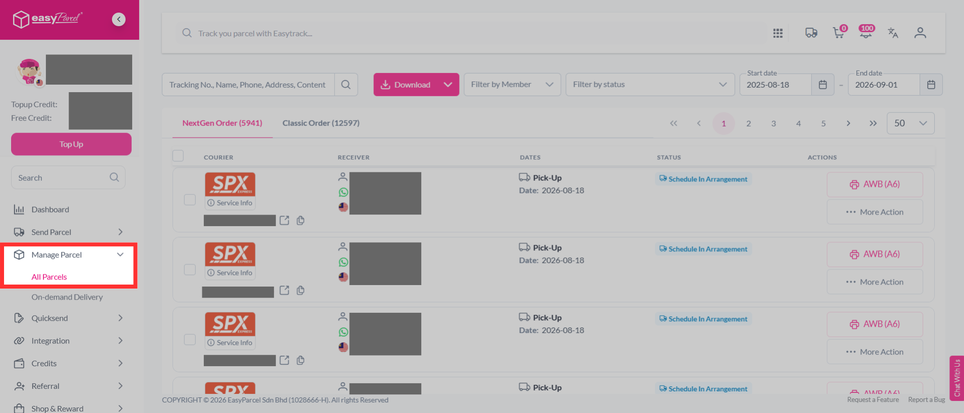 Screenshot of the EasyParcel dashboard navigating to All Parcels and Parcel Status.