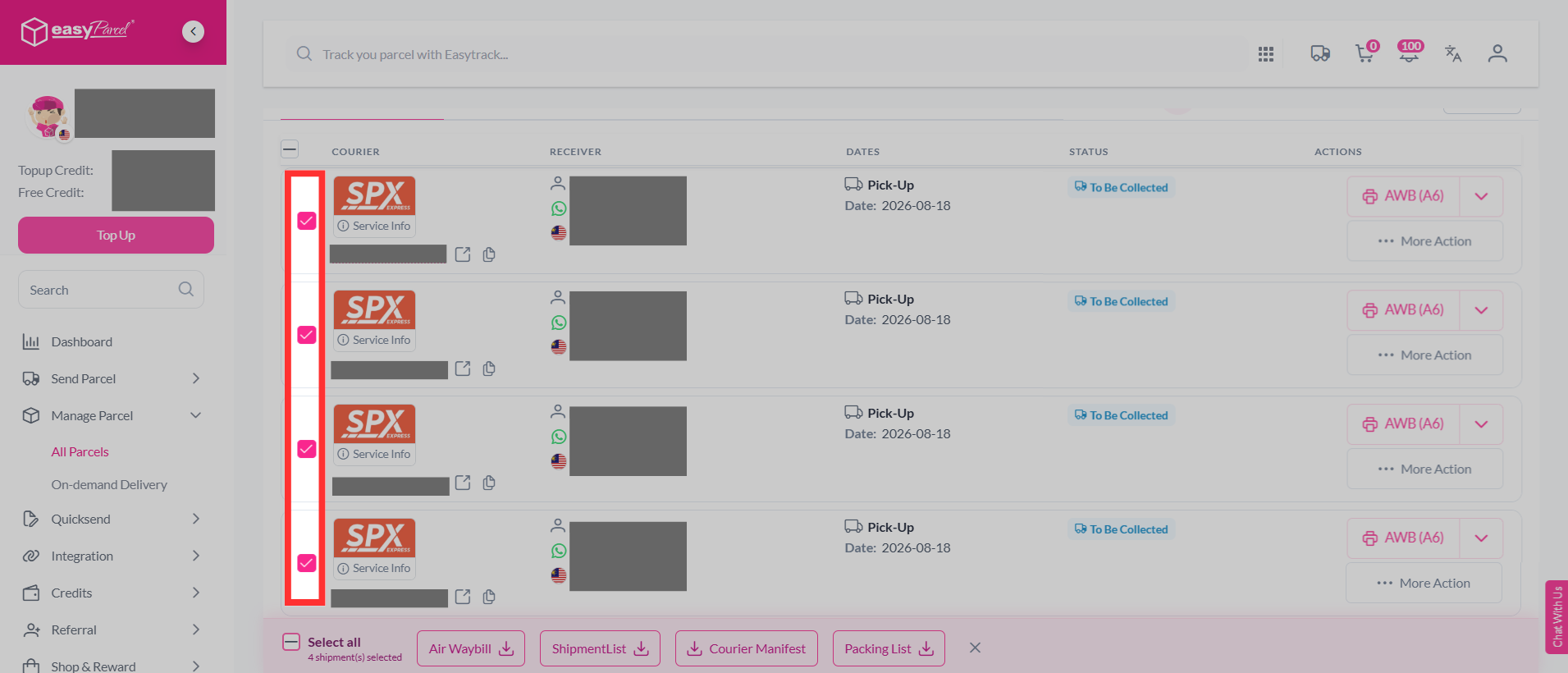 Interface showing checkboxes selected for multiple shipments in the Parcel Status list.