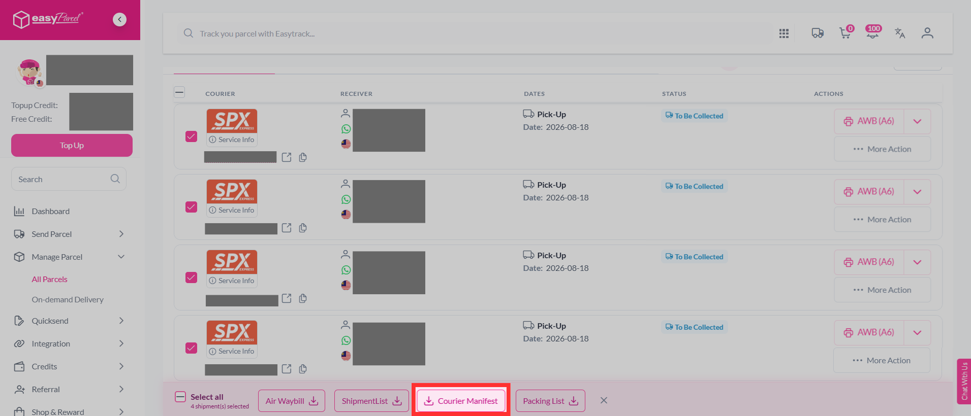 The Download Courier Manifest button highlighted in the EasyParcel user interface.