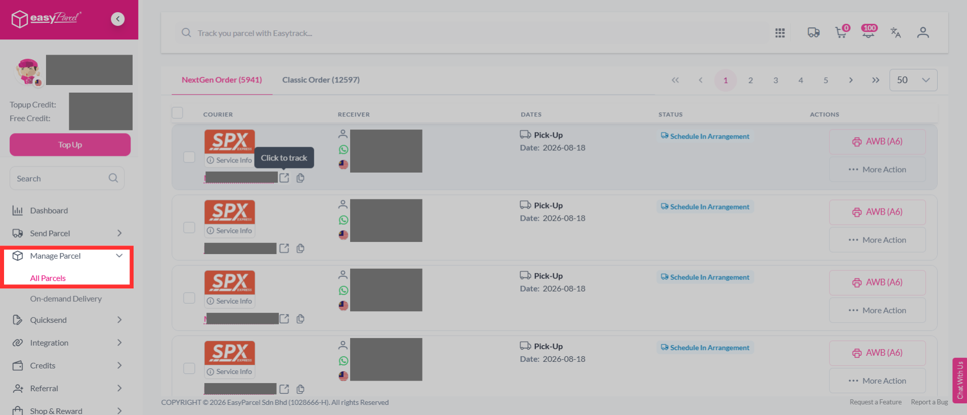 EasyParcel dashboard menu highlighting the 'All Parcel' option under 'Manage Parcel'.