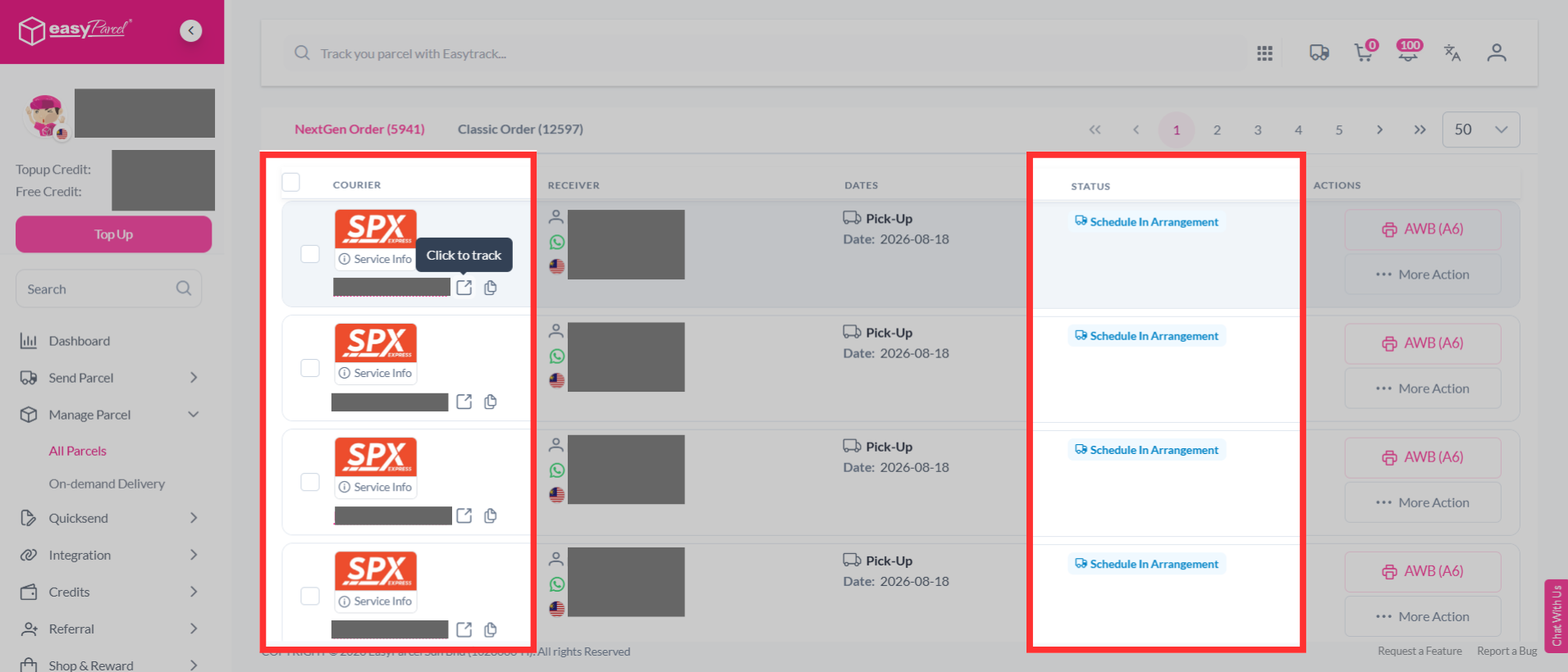 The 'All Parcel' status page displaying a list of shipments with tracking numbers and current statuses.