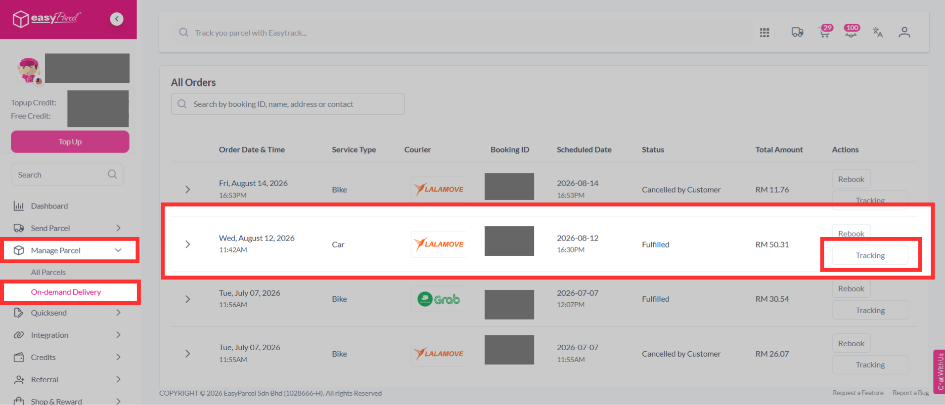 Navigation to the 'On-Demand Parcel' section within the EasyParcel account dashboard.