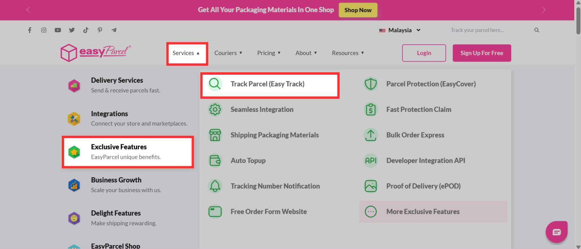 Website navigation showing how to access 'EasyTrack' from the 'Features' dropdown menu.