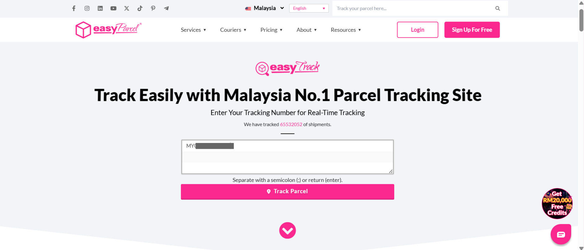 Input field on the EasyTrack page where tracking numbers can be entered for bulk tracking.