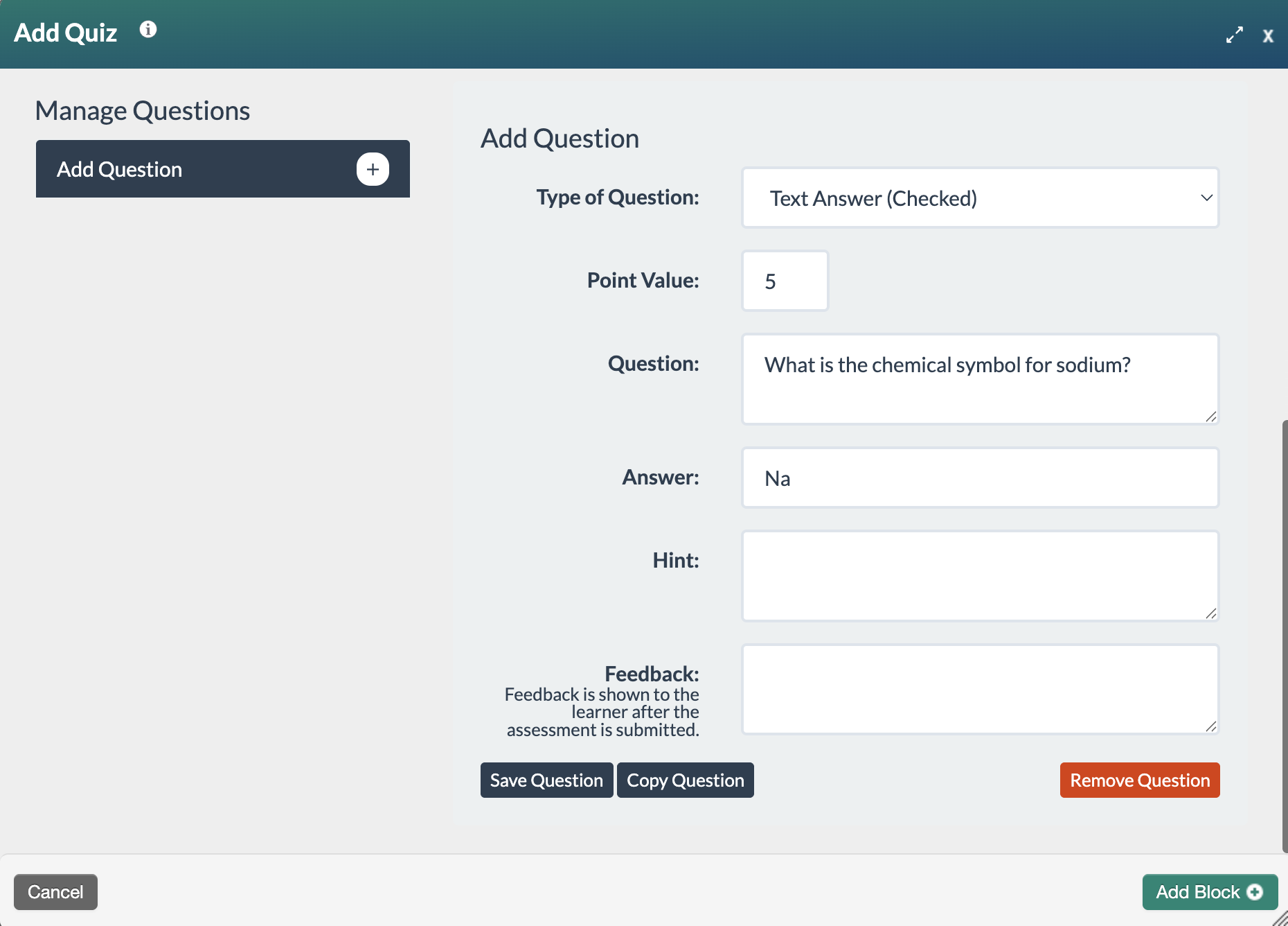 screenshot of the text answer checked question form