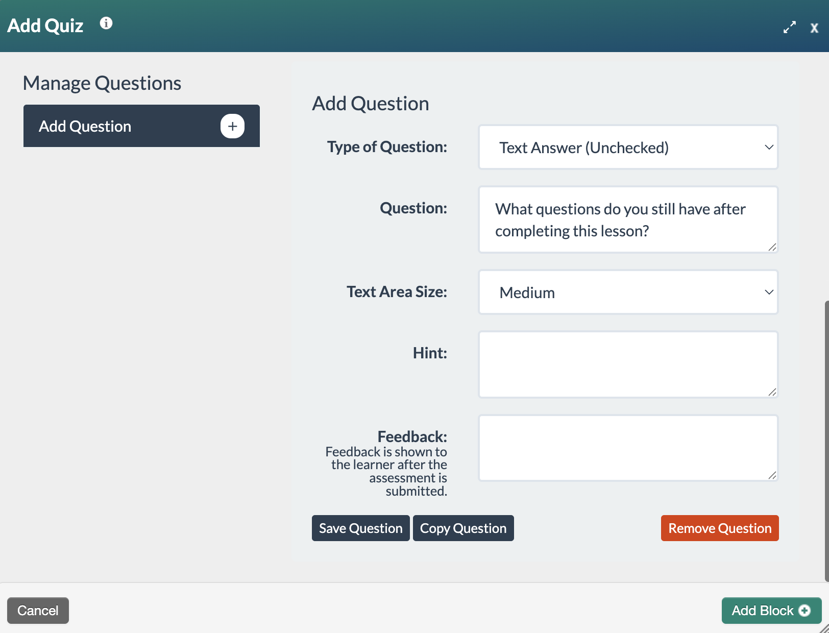 screenshot of the text answer unchecked question form