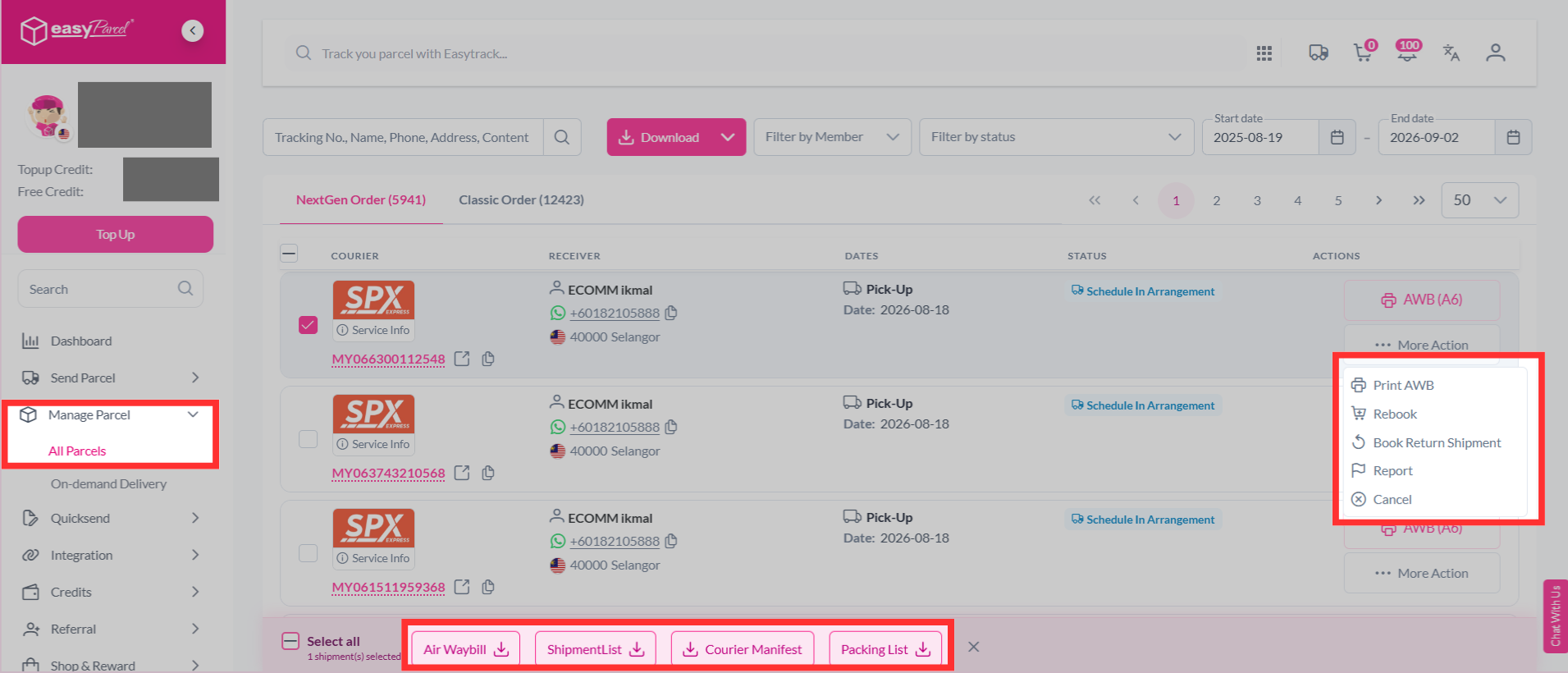 Dashboard view of the All Parcel section showing management options like downloading AWBs and rebooking.
